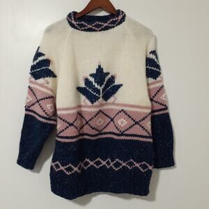 Vintage Susann D Sweater Women's M Cream Navy Pink Acrylic Knit